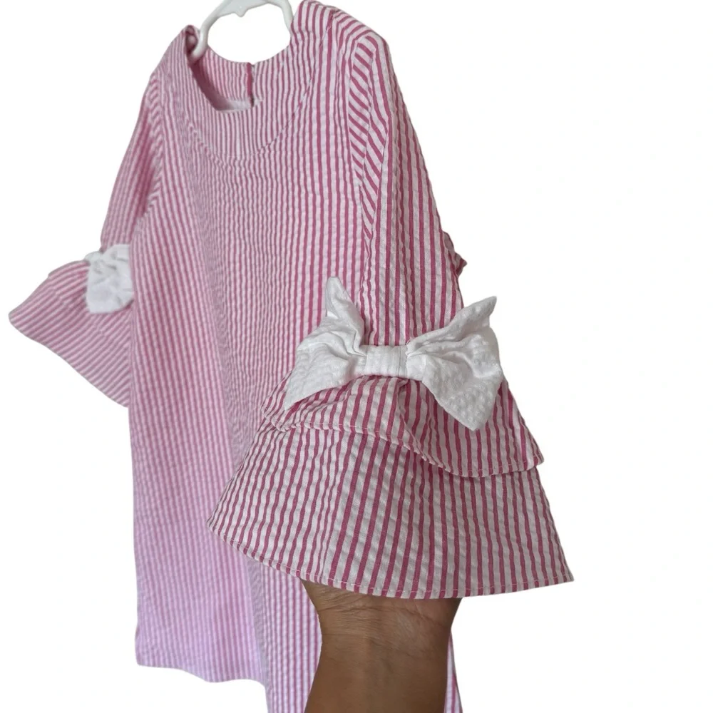 Rare Editions Girls Pink and White Striped Seersucker Dress Size 6